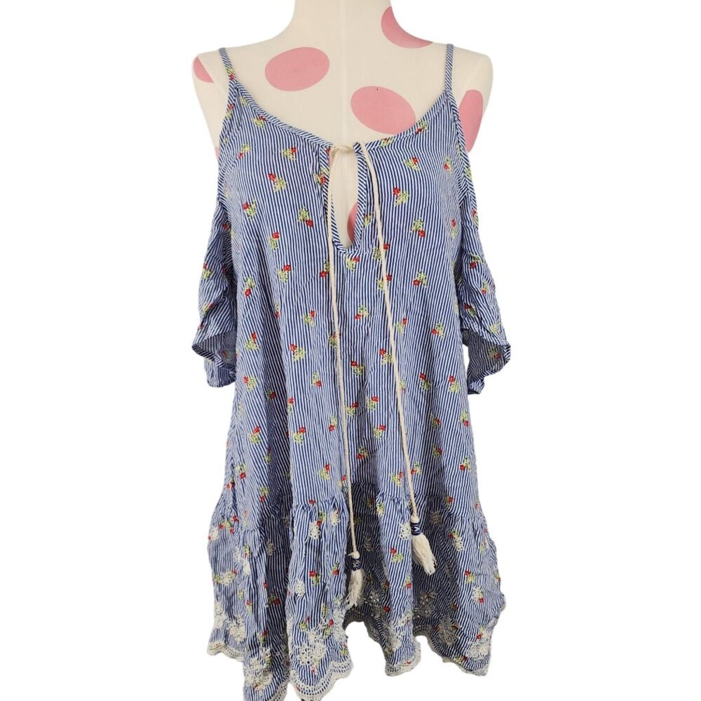 Women's Nu Label Striped Floral Cold Shoulder Blouse 100% Rayon Ruffle Sleeve M